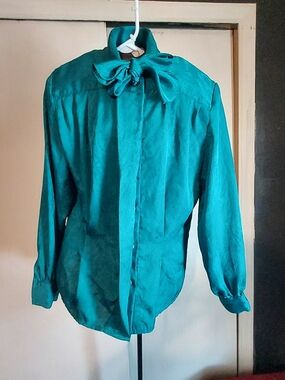 Vintage 80s David Matthew Teal Ruffle P Bow Secretary Blouse Size 8